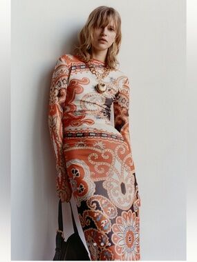 Farm Rio Long-Sleeve Mock-Neck Mesh Dress